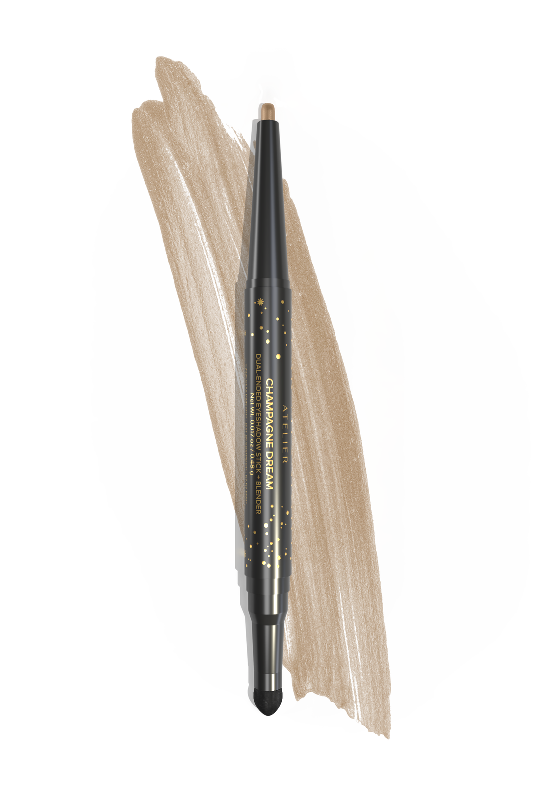 A dual-ended, twist-up eyeshadow pencil and sponge tip applicator in the shade, Champagne Dream, with pencil strokes showcasing the soft, pearly-gold color, on a white background.