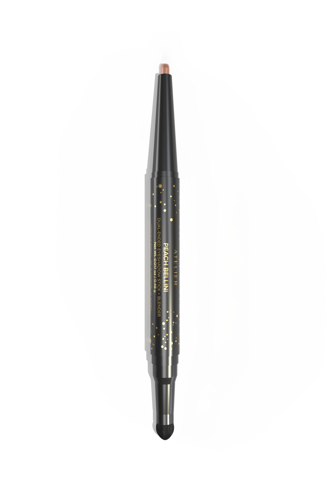 A dual-ended, twist-up eyeshadow pencil and sponge tip applicator in the shade, Peach Bellini, on a white background. 