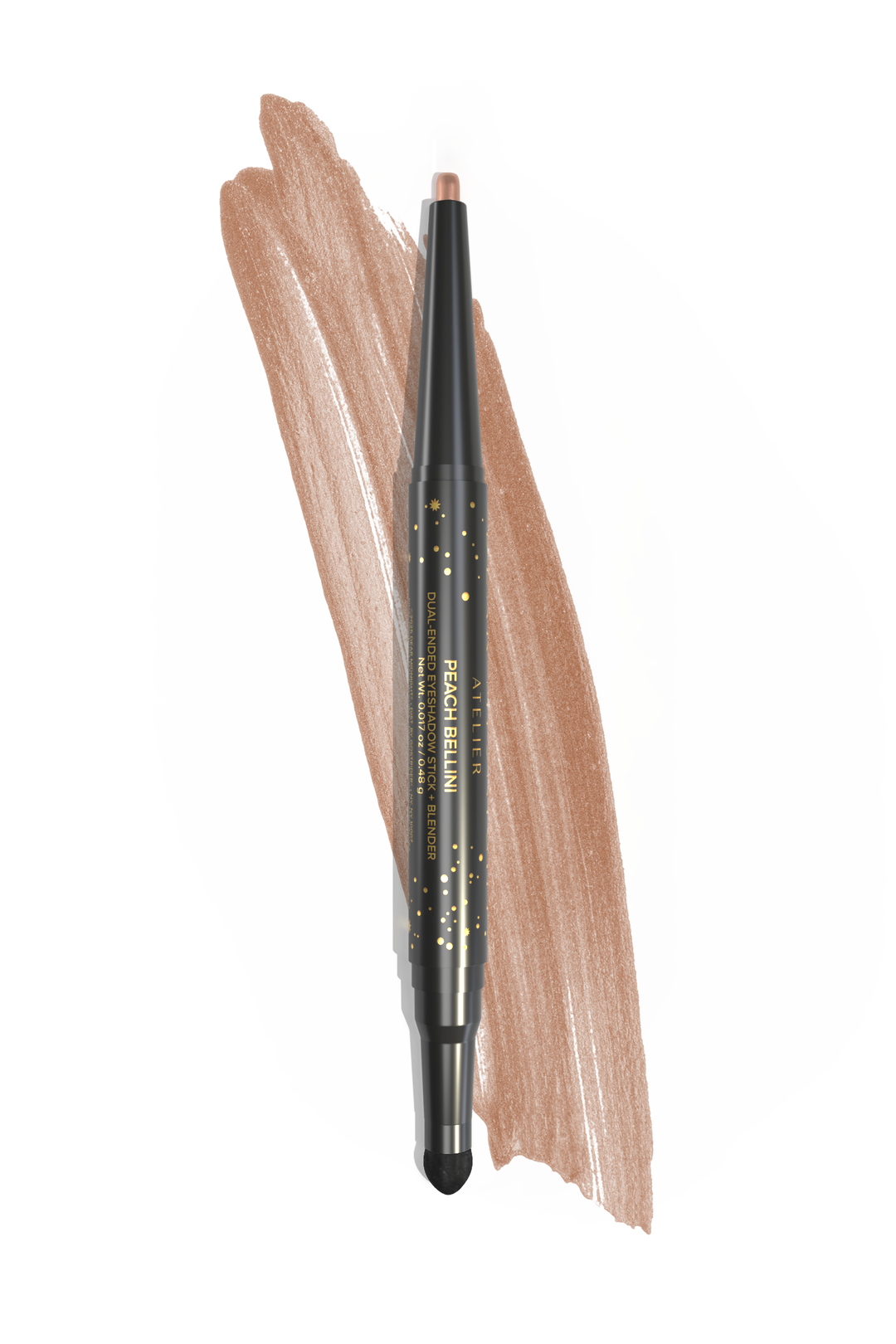 A dual-ended, twist-up eyeshadow pencil and sponge tip applicator in the shade, Peach Bellini, with pencil strokes showcasing the golden-peach color, on a white background.